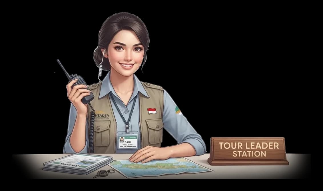 Ilustrasi layanan tour leader dan pemandu wisata profesional Ayonaikbis